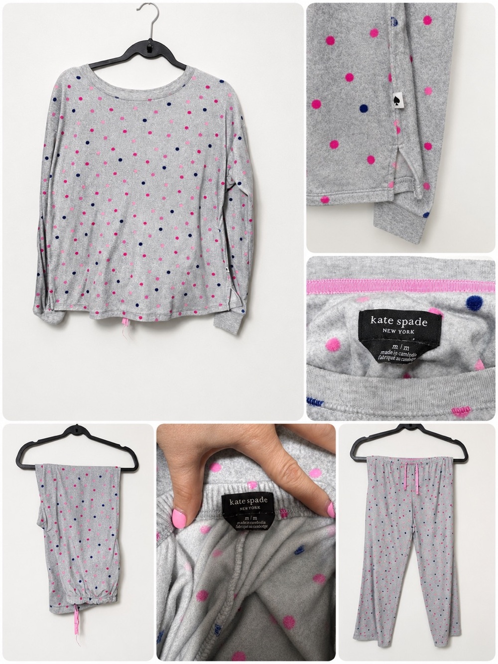 kate spade Gray Long-Sleeve Pajama Top & Pants with Pink and Navy Polka Dots